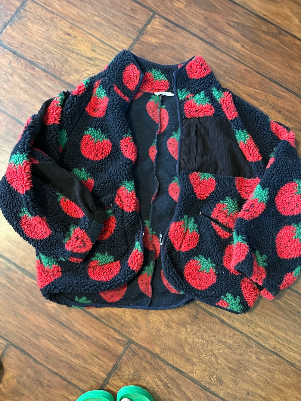 Cozy Teddy Jacket with Red Strawberry Print - Black/Red